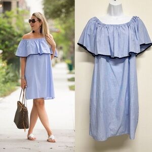 J Crew Womens Cotton Blue Poplin Off the Shoulder Shift Dress Size Small